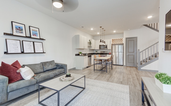 the row at the stadium luxury townhome apartments near university of south carolina open concept living room to kitchen